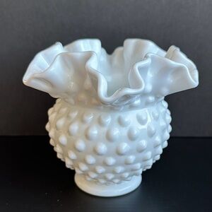 FENTON Hobnail Milk Glass Vase Crimped Ruffle Edge 4-1/4”